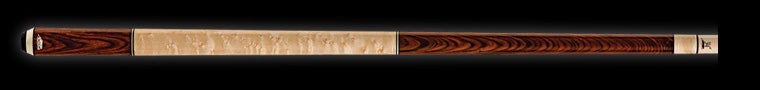 Two-toned, three-banded pool cue on a black background.