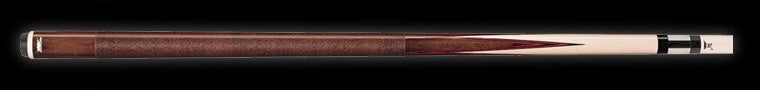 Dark and light two-toned wooden pool cue on a black background.