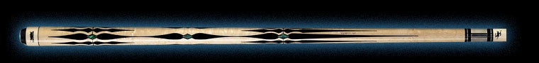 Pale wood pool cue with intricate black and turquoise accents