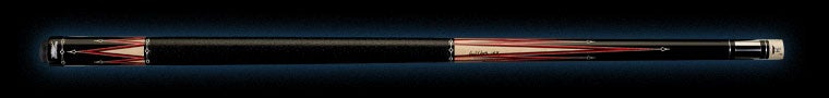Black pool cue with red and pale wood accents