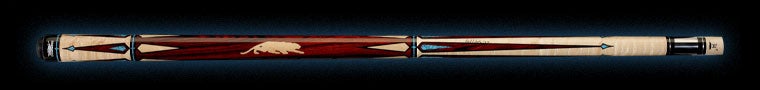 Red and pale wood pool cue with turquoise accents