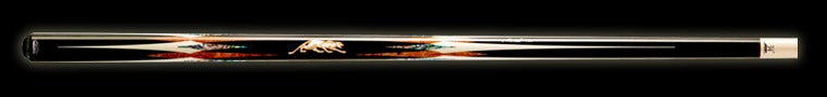 Glossy black pool cue with light and dark wood accents