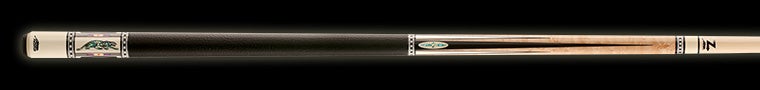 Black pool cue with pale wood and green accents