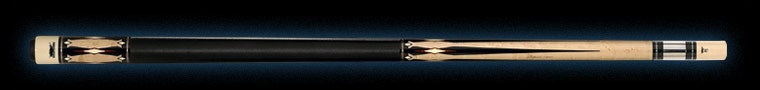 Black and pale wood pool cue on a black background.