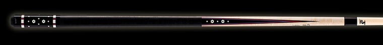 Black and light brown pool cue with white design accents