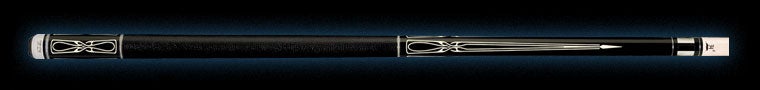 Black retired pool cue with intricate white detailing