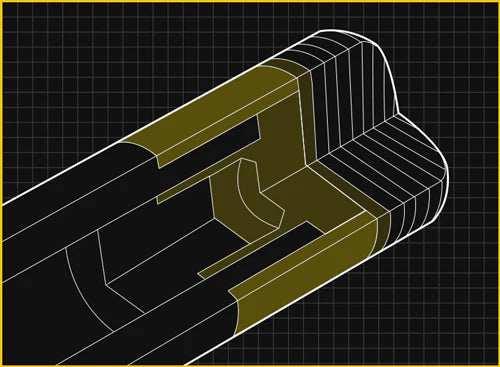 Technical drawing of the cross-section of a pool cue butt on a grid background.