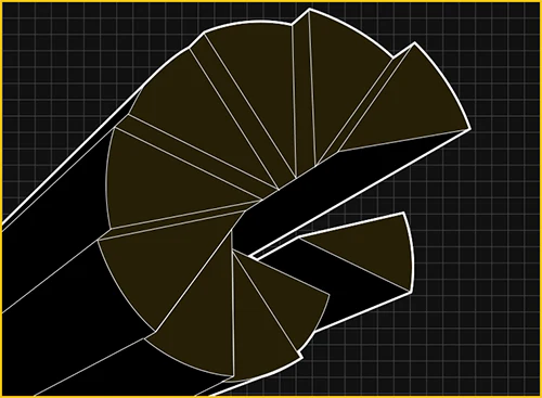 Black geometric shape on a grid background.