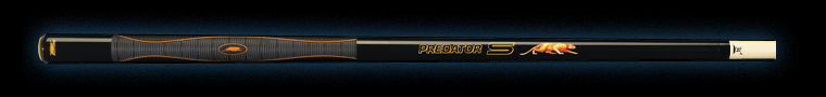 Glossy black pool cue with orange panther logo and yellow PREDATOR text